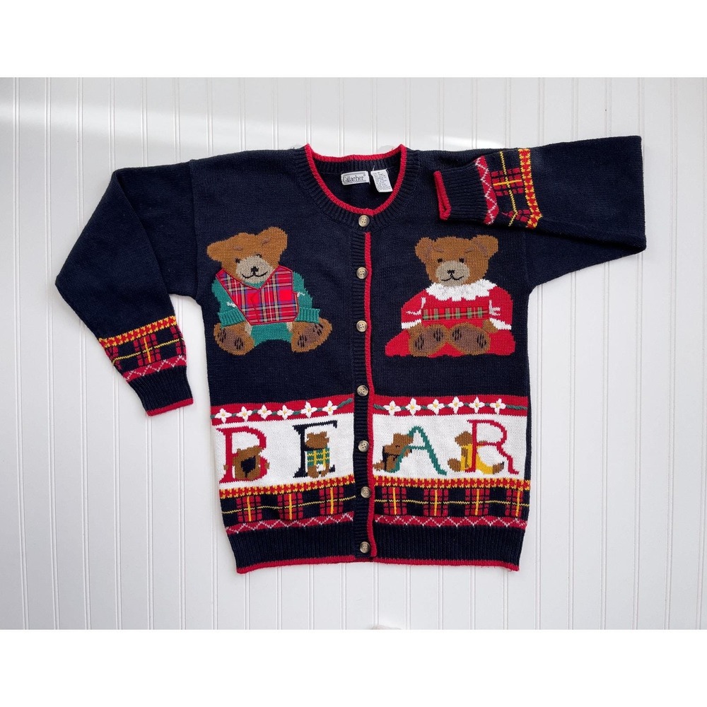 vtg Gallagher navy blue teddy bear teacher novelty cardigan sweater